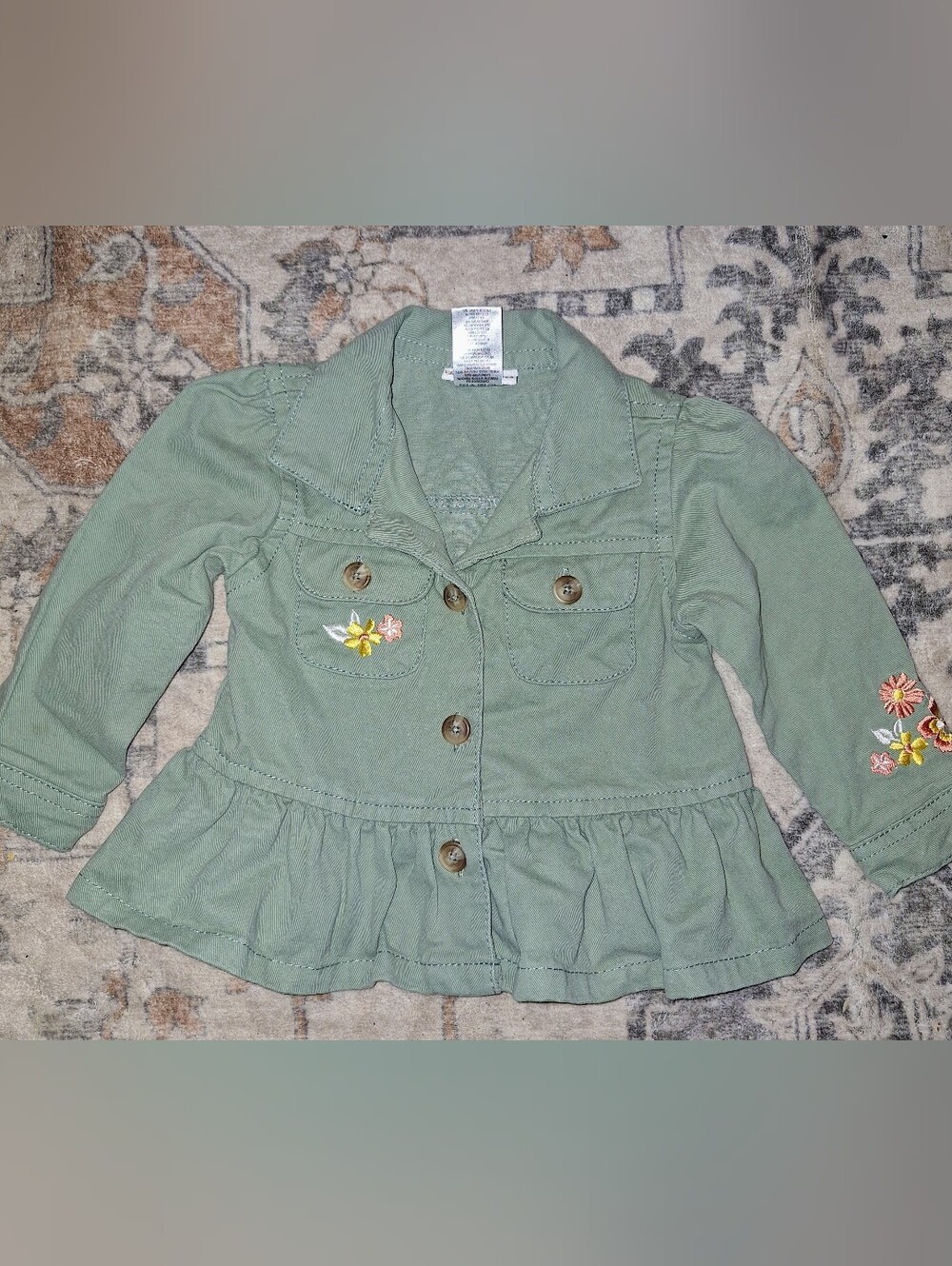 Daisy Fuentes Sage Green Button-Front Jacket with Floral Embroidery